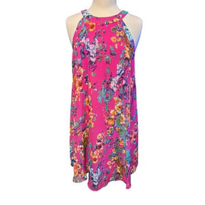 Betsey Johnson Size 10 Pink Floral Chiffon Halter Shift Dress A-line Lined Women